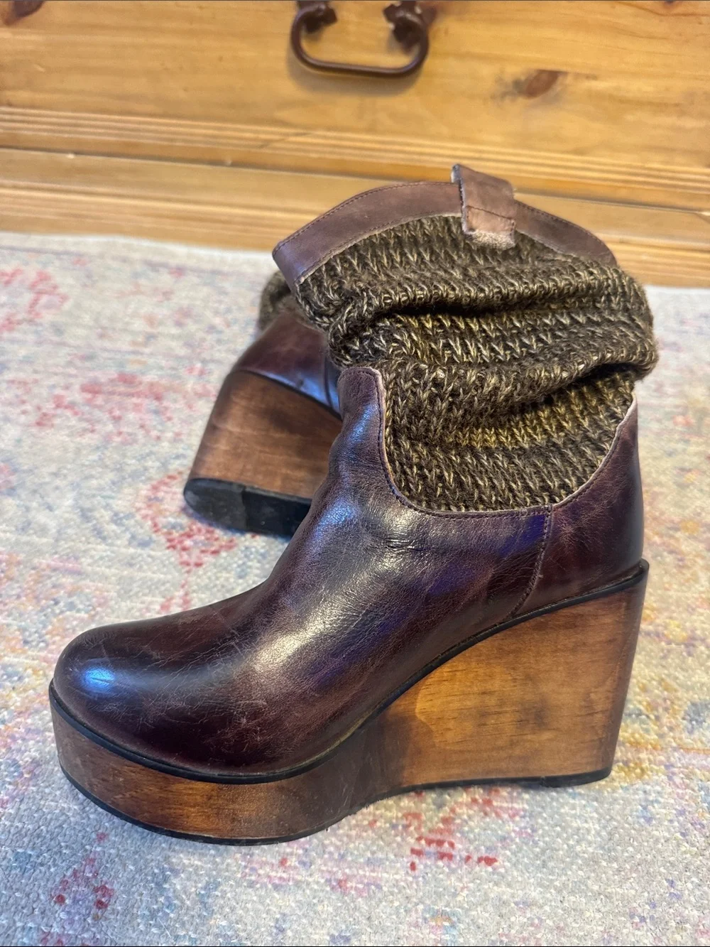 Bed Stu Bruges Wooden Wedge Slouch Rouge Knit Leather Distress Brown Boots